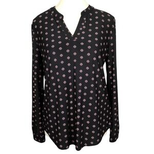 Anne Klein Womens Black Pink Medallion Print Split Neck Long Sleeve Blouse Small